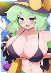 Rule 34 | 1girl, :d, absurdres, bikini, black bikini, black hat, blush, bow, breast hold, breasts, cleavage, collarbone, green eyes, green hair, half-closed eyes, hat, hat bow, heart, heart of string, highres, huge breasts, komeiji koishi, looking at viewer, navel, open clothes, open mouth, outside border, polyhedron2, short hair, smile, solo, swimsuit, third eye, touhou, upper body, yellow bow