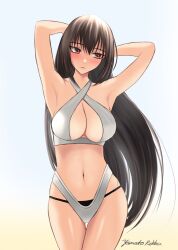 Rule 34 | 1girl, absurdres, arms behind head, arms up, bikini, black hair, breasts, cleavage, cowboy shot, criss-cross halter, facing viewer, halterneck, highres, kantai collection, large breasts, long hair, looking to the side, nagato (kancolle), official alternate costume, one-hour drawing challenge, red eyes, rekka yamato, sideways glance, simple background, solo, swimsuit, white background, white bikini