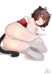 Rule 34 | 1girl, :o, absurdres, ahoge, animal ear hairband, animal ears, artist name, ass, black tail, blade &amp; soul, blush, borrowed character, breasts, brown hair, cameltoe, cat ear hairband, cat ears, cat tail, character name, commission, eyes visible through hair, fake animal ears, hairband, highres, jacket, looking at viewer, lying, lyn (blade &amp; soul), mole, mole on breast, mole on thigh, mole under eye, off shoulder, on side, one-piece swimsuit, prunechi, red eyes, red jacket, short hair, signature, simple background, small breasts, soles, solo, swimsuit, tail, thighhighs, thighs, tjauddla, white background, white footwear, white one-piece swimsuit, white thighhighs