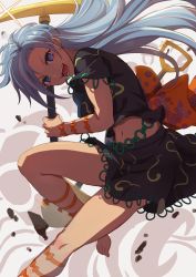 Rule 34 | 1girl, :d, black shirt, black skirt, camouflage, camouflage skirt, grey eyes, grey hair, highres, himemushi momoyo, holding, holding pickaxe, hsin, jumping, long hair, looking at viewer, mullet, open mouth, pickaxe, shirt, shovel, skirt, smile, solo, tools, touhou, white background, wrist bow