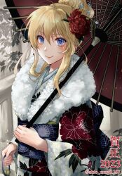Rule 34 | 1girl, 2023, absurdres, bad id, bad twitter id, bismarck (kancolle), blonde hair, blue eyes, blush, closed mouth, floral print, flower, fur-trimmed kimono, fur trim, hair between eyes, hair flower, hair ornament, happy new year, highres, holding, holding umbrella, japanese clothes, kantai collection, kimono, long hair, long sleeves, new year, obi, oil-paper umbrella, print kimono, red flower, sash, shiomugi (shio mugi1107), smile, solo, twitter username, umbrella, white kimono, wide sleeves