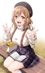 Rule 34 | 1girl, :d, absurdres, bag, bench, beret, black bow, black hat, blush, bow, breasts, brown hair, double w, gradient background, hair between eyes, hair ornament, hairclip, handbag, hat, highres, kunikida hanamaru, large breasts, long sleeves, looking at viewer, love live!, love live! sunshine!!, multicolored clothes, multicolored skirt, nail polish, on bench, open mouth, plaid, plaid skirt, sidelocks, sitting, skirt, smile, socks, solo, suspender skirt, suspenders, sweater, turtleneck, twintails, upper body, w, white socks, white sweater, yellow eyes, yopparai oni