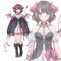 Rule 34 | 1girl, bare shoulders, black choker, black coat, black corset, blue eyes, blush, bob cut, breasts, brown hair, chain, character request, choker, coat, collarbone, commentary request, copyright request, corset, demon horns, demon tail, demon wings, dress, fangs, frilled dress, frills, full body, hair ornament, hairclip, horn flower, horns, looking at viewer, multicolored hair, ne-on, off-shoulder dress, off shoulder, official art, open mouth, oversized clothes, pink hair, pointy ears, short dress, small breasts, smile, tail, teeth, two-tone hair, upper body, upper teeth only, virtual youtuber, white dress, wings