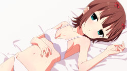 Rule 34 | 1girl, :o, amami haruka, bad id, bad pixiv id, bare arms, bare shoulders, bed sheet, blue eyes, bow, bra, breasts, brown hair, cleavage, collarbone, commentary request, commission, hair bow, hand up, highres, idolmaster, idolmaster (classic), lying, navel, on back, oueo, panties, parted lips, pixiv commission, red bow, small breasts, solo, sweat, underwear, white bra, white panties