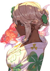 Rule 34 | 1girl, alternate costume, blonde hair, breasts, closed mouth, clover, clover print, dark-skinned female, dark skin, fish, floral print, four-leaf clover, from side, goldfish, guilty gear, guilty gear strive, hair bun, hair ornament, hair up, hungry clicker, japanese clothes, kimono, large breasts, long hair, looking to the side, orange eyes, portrait, profile, ramlethal valentine, simple background, single hair bun, solo, white background, white hair, white kimono