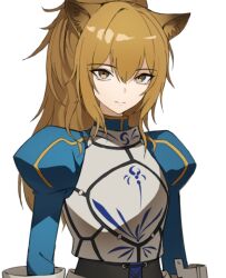 Rule 34 | 1girl, animal ears, arknights, armor, armored dress, artoria pendragon (all), artoria pendragon (fate), brown eyes, brown hair, expressionless, fate/stay night, fate (series), gauntlets, hair between eyes, high ponytail, jason kim, kawasumi ayako, lion ears, lion girl, saber (fate), siege (arknights), voice actor connection, white background