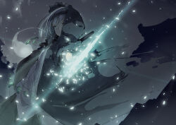 Rule 34 | 1girl, glowing, glowing weapon, green eyes, hairband, hitodama, holding, holding sword, holding weapon, hooded robe, itsutsuki, jewelry, konpaku youmu, looking at viewer, magatama, necklace, outdoors, robe, solo, standing, sword, touhou, weapon, white hair