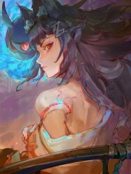 1girl animal_ear_fluff animal_ears bare_shoulders black_hair cfkaze floating_hair fox_ears fox_girl from_behind hair_ornament hairclip highres hoshimi_miyabi long_hair looking_at_viewer looking_back red_eyes serious solo tailless_(zenless_zone_zero) upper_body zenless_zone_zero