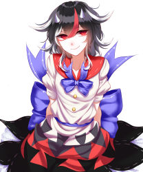 Rule 34 | 1girl, absurdres, arms behind back, bad id, bad pixiv id, black hair, blue bow, blue bowtie, bow, bowtie, dress, grey horns, hair between eyes, highres, horns, kijin seija, multicolored hair, puffy short sleeves, puffy sleeves, red eyes, red hair, sash, sheya, short sleeves, simple background, smile, solo, streaked hair, touhou, white background, white dress