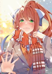 Rule 34 | 1girl, bow, brown hair, coat, crying, doki doki literature club, green eyes, hair between eyes, hair bow, highres, long hair, looking at viewer, monika (doki doki literature club), ponytail, sad, scarf, solo, sweater, tears, white bow, winter clothes, winter coat, xhunzei