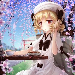 Rule 34 | 1girl, blonde hair, blue sky, bow, bowl, chair, checkerboard cookie, cherry blossoms, cookie, cup, day, dress, drill hair, fairy wings, food, hand in own hair, hat, hat bow, highres, luna child, namatyaba, open mouth, puffy short sleeves, puffy sleeves, red eyes, short sleeves, sitting, sky, solo, table, teacup, torii, touhou, tree, white dress, wings