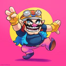 Rule 34 | 1boy, arm up, big nose, blue footwear, blue shirt, cleft chin, commentary, denim, denim jacket, english commentary, facial hair, fingerless gloves, gloves, goggles, goggles on headwear, helmet, highres, jacket, mustache, nintendo, pants, pink background, pink pants, pointy ears, shirt, simple background, thick eyebrows, two-tone background, vinny (dingitydingus), wario, warioware, yellow gloves