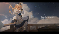 Rule 34 | 1girl, :d, balcony, barbara (genshin impact), black headwear, blonde hair, blue eyes, cloud, collarbone, copyright name, darcy (pixiv11949485), detached collar, detached sleeves, dress, english text, floating hair, frilled dress, frills, from side, genshin impact, hand in own hair, highres, layered dress, long hair, long sleeves, looking at viewer, looking to the side, on railing, open mouth, outdoors, pantyhose, paper, railing, shooting star, sitting, sky, smile, solo, star (sky), starry sky, twintails, white dress, white pantyhose, wind