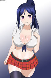 Rule 34 | 1girl, absurdres, artist name, belt, blue hair, blush, breasts, cleavage, dorsalec, gradient background, highres, large breasts, long hair, looking at viewer, love live!, love live! sunshine!!, matsuura kanan, midriff, navel, parted lips, ponytail, purple eyes, skirt, smile, solo, standing, thighhighs, thighs