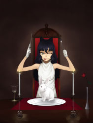 Rule 34 | 1girl, ;p, arms up, candle, cup, drinking glass, fire, fire, flower, fork, gloves, heibonkaeru, highres, knife, new year, one eye closed, original, plate, rabbit, red flower, red rose, rose, sleeveless, solo, tongue, tongue out, vase, white gloves, wine glass, wink, yellow eyes