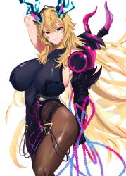 Rule 34 | 1girl, abs, arm behind head, arm up, armor, bare shoulders, black dress, black gloves, blonde hair, blue eyes, breasts, brown pantyhose, chain, covered navel, didgmlwls77, dress, elbow gloves, barghest (fate), barghest (second ascension) (fate), fate/grand order, fate (series), gauntlets, gloves, grin, heterochromia, highres, horns, large breasts, long hair, looking at viewer, muscular, muscular female, pantyhose, pauldrons, pelvic curtain, red eyes, shoulder armor, sideboob, single gauntlet, single pauldron, smile, solo, thighs, toned