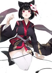 Rule 34 | 1girl, :o, animal ears, azur lane, bell, black hair, blunt bangs, breasts, cat ears, cotton kanzaki, fang, full body, highres, japanese clothes, jingle bell, kimono, kneeling, large breasts, long sleeves, looking at viewer, mask, mask on head, open mouth, panties, red eyes, rope, sash, shimenawa, short hair, short kimono, solo, thighhighs, underwear, white panties, white thighhighs, wide sleeves, yamashiro (azur lane)