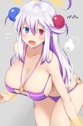 Rule 34 | 1girl, ahoge, bikini, blue eyes, blush, bombergirl, breasts, embarrassed, hair between eyes, hair ornament, halo, heterochromia, highres, large breasts, long hair, looking at viewer, mukuba, o-ring, o-ring bikini, o-ring bottom, o-ring top, open mouth, papuru (bombergirl), purple bikini, purple hair, red eyes, simple background, solo, solo focus, striped bikini, striped bikini bottom, striped bikini top, striped clothes, swimsuit