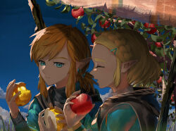 Rule 34 | 1boy, 1girl, apple, apple tree, black capelet, blonde hair, blue eyes, blue sky, braid, capelet, champion&#039;s tunic (zelda), closed mouth, commentary request, crown braid, earrings, eating, food, fruit, golden apple, hair ornament, hairclip, highres, holding, holding food, holding fruit, hood, hood down, hooded capelet, jewelry, link, long sleeves, looking at another, medium hair, nintendo, outdoors, parted bangs, pointy ears, princess zelda, red apple, short hair, short ponytail, signature, sky, smile, the legend of zelda, the legend of zelda: tears of the kingdom, tree, tsujieiri