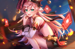 Rule 34 | 1girl, :d, bare shoulders, blurry, blurry background, blush, bow, commentary request, crop top, detached sleeves, feet out of frame, genshin impact, green eyes, hair between eyes, hat, highres, long hair, long sleeves, looking at viewer, midriff, open mouth, pink hair, pom pom (clothes), sitting, smile, solo, thighs, umishima rinta, very long hair, yanfei (genshin impact), yellow bow