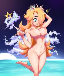Rule 34 | 1girl, bizounette, blonde hair, blue eyes, breasts, cleft of venus, crown, hair over one eye, highres, large breasts, lips, long hair, mario (series), nail polish, nintendo, nipples, nude, pussy, rosalina, solo, super mario galaxy, surprised, sweat, uncensored, wand