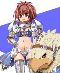 Rule 34 | 1girl, armor, bad id, bad pixiv id, bikini armor, breasts, brown eyes, brown hair, chibi (nekomimimi), gauntlets, griffin, hand on own hip, medium breasts, navel, open mouth, ragnarok online, royal guard (ragnarok online), shoulder pads, simple background, solo, thighhighs