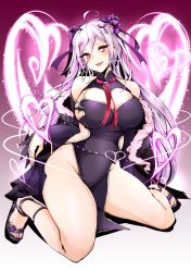 Rule 34 | 1girl, absurdres, agetama, ahoge, bare legs, bare shoulders, breasts, cleavage, divine gate, earrings, flower, full body, hair flower, hair ornament, hair ribbon, heart, heart-shaped pupils, heart earrings, highres, horns, jewelry, large breasts, long hair, looking at viewer, nail polish, neck ribbon, no panties, pelvic curtain, pink eyes, pink nails, purple flower, purple hair, purple ribbon, purple rose, red ribbon, ribbon, rose, sandals, sitting, smile, solo, symbol-shaped pupils, toenail polish, toenails
