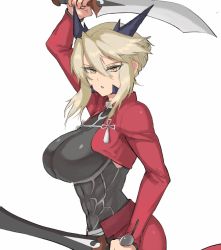 Rule 34 | 1girl, archer (fate), archer (fate) (cosplay), arm up, artoria pendragon (fate), artoria pendragon (lancer alter) (fate), blonde hair, breasts, commentary, cosplay, dual wielding, fate/grand order, fate (series), hair between eyes, holding, horns, kanshou &amp; bakuya (fate), large breasts, looking at viewer, quentin lecuiller, simple background, solo, sword, weapon, white background, yellow eyes