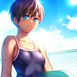 Rule 34 | bare shoulders, blue eyes, blue sky, breasts, brown hair, cloud, competition school swimsuit, looking at viewer, nora wanko, original, parted lips, school swimsuit, short hair, sky, small breasts, sunlight, surfboard, swimsuit, tan, tomboy, wet