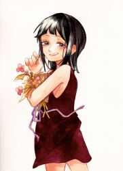 1girl aged_down black_hair blunt_bangs cowboy_shot dress flower highres holding holding_flower medium_hair nico_robin one_piece pink_dress purple_dress simple_background sinoda_maru7326 sleeveless sleeveless_dress smile solo traditional_media white_background