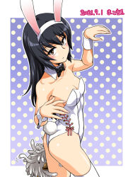 Rule 34 | 1girl, animal ears, black bow, black bowtie, black hair, bow, bowtie, breasts, brown eyes, character request, cleavage, collarbone, commentary request, cowboy shot, creature, detached collar, fake animal ears, girls und panzer, gradient background, leotard, long hair, oosaka kanagawa, playboy bunny, polka dot, polka dot background, rabbit ears, rabbit tail, reizei mako, small breasts, strapless, strapless leotard, tail, thighhighs, white leotard, white thighhighs, wrist cuffs