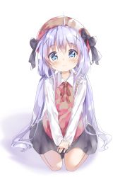 Rule 34 | 1girl, black bow, black skirt, blue eyes, blush, bow, brown hat, closed mouth, collared shirt, commentary request, full body, gochuumon wa usagi desu ka?, hair between eyes, hair ornament, hands on lap, hat, hat bow, highres, kafuu chino, long hair, long sleeves, looking at viewer, low twintails, neck ribbon, orange ribbon, own hands together, purple hair, ribbon, school uniform, shadow, shiraki shiori, shirt, sitting, skirt, solo, sweater vest, twintails, v arms, very long hair, wariza, white background, white shirt, x hair ornament