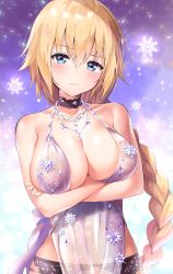 Rule 34 | 1girl, 3:, absurdres, ale nqki, artoria pendragon (fate), artoria pendragon (lancer alter) (fate), artoria pendragon (lancer alter) (fate) (cosplay), artoria pendragon (lancer alter) (royal icing) (fate), artoria pendragon (lancer alter) (royal icing) (fate) (cosplay), babydoll, bare shoulders, blonde hair, blue eyes, blush, braid, breast hold, breasts, choker, cleavage, closed mouth, collarbone, commentary request, cosplay, covered navel, crossed arms, embarrassed, fate/apocrypha, fate/grand order, fate (series), garter belt, gloves, hair between eyes, halterneck, head tilt, highres, jeanne d&#039;arc (fate), jeanne d&#039;arc (ruler) (fate), jewelry, large breasts, lingerie, long hair, looking at viewer, navel, necklace, official alternate costume, see-through, single braid, snowflake background, snowflake print, snowflakes, solo, underwear, very long hair
