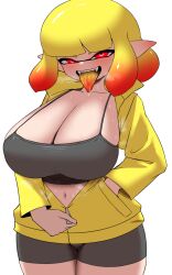 Rule 34 | 1girl, absurdres, agent 4 (splatoon), bike shorts, black shorts, blonde hair, blush, bra, breasts, breath, cleavage, collarbone, colored tongue, fangs, female focus, gradient hair, half-closed eyes, hand in pocket, heavy breathing, highres, huge breasts, inkling, inkling girl, inkling player character, jacket, long sleeves, looking at viewer, multicolored hair, navel, nintendo, open mouth, orange hair, pero (pero7762), pointy ears, red eyes, saliva, short hair, shorts, simple background, smile, solo, splatoon (series), sports bra, standing, sweat, teeth, tentacle hair, tongue, tongue out, two-tone hair, underwear, unzipping, upper teeth only, white background, yellow jacket