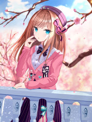 Rule 34 | 1girl, :o, absurdres, bad id, bad pixiv id, black bow, black skirt, blue eyes, bow, breasts, brown hair, cardigan, cherry blossoms, chinese commentary, flower, hair bow, hat, highres, ling yi de lei ke, looking at viewer, medium breasts, nijisanji, open mouth, pink bow, pink cardigan, pink flower, purple hat, shirt, skirt, solo, suzuhara lulu, v-shaped eyebrows, virtual youtuber, white shirt