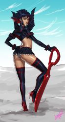 Rule 34 | 10s, 1girl, ass, black hair, blue eyes, blue sky, boots, day, diepod, elbow gloves, from behind, gloves, hand on own hip, high heel boots, high heels, highres, kill la kill, leg up, lips, looking back, matoi ryuuko, microskirt, multicolored hair, nose, panties, pleated skirt, red hair, revealing clothes, scissor blade (kill la kill), senketsu, shiny clothes, short hair, skirt, sky, solo, thigh boots, thighhighs, two-tone hair, underwear, white panties
