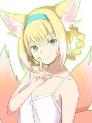 Rule 34 | 1girl, alternate costume, animal ear fluff, animal ears, arknights, bare shoulders, blonde hair, blue hairband, braid, braided hair rings, breasts, cleavage, closed mouth, collarbone, commentary request, dress, enoki p, fox ears, fox girl, fox tail, green eyes, green outline, hair between eyes, hair rings, hairband, head tilt, highres, kitsune, multicolored hair, outline, simple background, sleeveless, sleeveless dress, small breasts, smile, solo, strap slip, suzuran (arknights), tail, twin braids, two-tone hair, white background, white dress, white hair