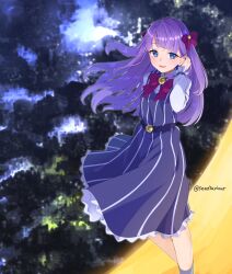 Rule 34 | 1girl, belt, brooch, casual, collared shirt, crescent moon, dress, dress shirt, frills, highres, jewelry, kaguya madoka, looking at viewer, moon, neckerchief, open mouth, precure, purple dress, purple eyes, purple hair, red neckerchief, saviour0329, shirt, smile, solo, space, star twinkle precure, twitter username, white shirt