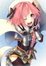Rule 34 | 1boy, ;d, astolfo (fate), black thighhighs, blush, braid, cape, double v, fang, fate/apocrypha, fate (series), garter straps, hair ornament, hair ribbon, long hair, looking at viewer, male focus, one eye closed, open mouth, pink hair, purple eyes, ribbon, single braid, smile, solo, thighhighs, trap, v, wellow ryu