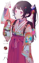 Rule 34 | 1girl, animal print, arm up, backpack, bag, black hair, candy, closed mouth, dog print, earrings, food, food in mouth, highres, japanese clothes, jewelry, kimono, lollipop, long hair, nail polish, nakko (7nt5ta), original, pink eyes, pink kimono, plaid kimono, ponytail, red skirt, ring, ring pop, sidelocks, simple background, skirt, standing, tassel, tassel earrings, white background