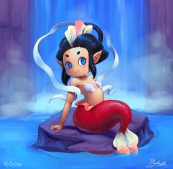 Rule 34 | 10s, 1girl, black hair, blue eyes, blush, flat chest, highres, mermaid, monster girl, navel, ningyo (youkai watch), outta sync, pointy ears, youkai watch