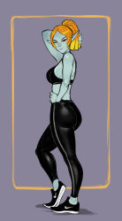 Rule 34 | 1girl, alternate hairstyle, arm behind head, ass, blue skin, breasts, colored sclera, colored skin, contemporary, eyeshadow, freckles, full body, hand on own hip, highleg, highleg panties, izra, large breasts, lipstick, long hair, makeup, midna, midna (true), midriff, nike (company), nintendo, orange hair, panties, parted bangs, pointy ears, ponytail, red eyes, shoes, sideboob, skin tight, sneakers, solo, spandex, sports bra, standing, the legend of zelda, the legend of zelda: twilight princess, underwear, yellow sclera