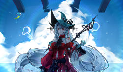 Rule 34 | 1girl, absurdres, arknights, bare shoulders, black sash, blue gloves, blue headwear, blue sky, breasts, bubble, character name, chinese commentary, clothing cutout, cloud, commentary request, day, detached sleeves, dress, gloves, hand up, highres, long hair, long sleeves, looking at viewer, low-tied long hair, medium breasts, navel, navel cutout, official alternate costume, parted lips, red dress, red eyes, sash, silver hair, skadi (arknights), skadi the corrupting heart (arknights), sky, solo, staff, upper body, very long hair, wide sleeves, yuan long