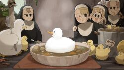Rule 34 | 4girls, bird, blonde hair, blue eyes, brown eyes, brown hair, burger, carrot, chicken, chili pepper, clumsy nun (diva), commentary, curry, diva (hyxpk), duck, duckling, english commentary, food, froggy nun (diva), habit, highres, hungry nun (diva), little nuns (diva), multiple girls, nun, one eye closed, ostrich, rice, spicy nun (diva), spoon, traditional nun, yellow eyes