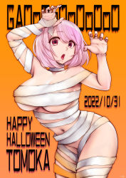 Rule 34 | 1girl, bandages, bob cut, breasts, cleavage, collarbone, dated, eguchi tomoka, fingernails, gao, halloween, happy halloween, highres, large breasts, looking at viewer, nail polish, naked bandage, navel, open mouth, orange background, original, pink hair, red eyes, red nails, solo, souryu, stomach, text background, thighs