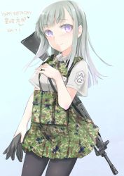 Rule 34 | 1girl, aohashi ame, assault rifle, black pantyhose, blue background, bow, bowtie, camouflage, camouflage neckwear, camouflage skirt, carrying, character name, closed mouth, commentary request, dated, dress shirt, emblem, english text, gloves, green bow, green bowtie, green skirt, grey hair, gun, hand on own chest, happy birthday, harness, highres, holding, holding clothes, holding gloves, howa type 89, little armory, looking at viewer, pantyhose, purple eyes, rifle, shirt, skirt, smile, solo, standing, tomytec, toyosaki ena, weapon, white shirt, wing collar