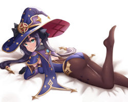 1girl, :o, aqua eyes, armor, ass, bangs, bed sheet, black gloves, blue cape, blue leotard, blush, breasts, brown legwear, cape, commentary request, crescent, crescent hat ornament, daisy cutter, detached sleeves, earrings, eyebrows visible through hair, foot up, from side, fur collar, genshin impact, gloves, hat, hat ornament, highres, jewelry, leotard, long hair, long sleeves, looking at viewer, looking to the side, lying, medium breasts, mona megistus, no shoes, on bed, on stomach, open mouth, pantyhose, print legwear, purple hair, purple headwear, shoulder armor, simple background, single earring, solo, sparkle print, twintails, v-shaped eyebrows, very long hair, white background, witch hat