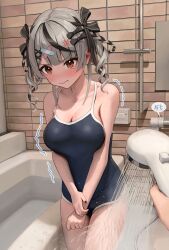 Rule 34 | 1girl, :t, absurdres, alternate costume, anger vein, angry, bandaid, bandaid hair ornament, bathroom, bathtub, black bow, black hair, black nails, blue one-piece swimsuit, blush, bow, braid, breasts, cleavage, closed mouth, commentary, cowboy shot, cowlick, drill hair, grey hair, hair bow, hair ornament, highres, holding own arm, hololive, looking at viewer, medium breasts, medium hair, mirror, multicolored hair, one-piece swimsuit, pout, pov, red eyes, remi (rem67763852), sakamata chloe, school swimsuit, shower head, side braids, solo focus, standing, streaked hair, swimsuit, tearing up, tile wall, tiles, trembling, twin drills, two-tone hair, virtual youtuber, wavy mouth, x hair ornament