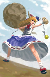 Rule 34 | 1girl, armpits, bad id, bad pixiv id, belt, blue sky, boulder, bow, broken, broken chain, chain, cloud, cuffs, day, facing away, footwear ribbon, from below, gourd, hair bow, highres, horn ornament, horn ribbon, horns, ibuki suika, kfr, long hair, low-tied long hair, open mouth, orange hair, orb, outdoors, outstretched arms, pyramid (geometry), ribbon, shackles, shirt, shoes, skirt, sky, sleeveless, sleeveless shirt, socks, solo, spread legs, touhou, wrist cuffs, yellow eyes