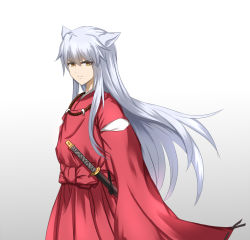 Rule 34 | 1boy, animal ears, bad id, bad pixiv id, brown eyes, dog ears, floating hair, gradient background, grey background, hair between eyes, inuyasha, inuyasha (character), japanese clothes, kimono, long hair, looking at viewer, red kimono, roi (liu tian), sheath, sheathed, silver hair, solo, standing, sword, v-shaped eyebrows, very long hair, weapon, white background